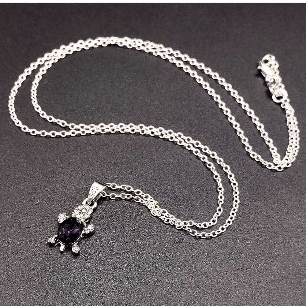 925 Sterling Silver Necklace Sea Turtle CZ Purple Amethyst Women's Ocean Gift